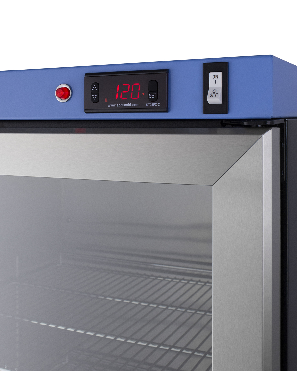 Single chamber passive heating blanket warmer with glass door, stainless steel interior and exterior, digital thermostat, and lock